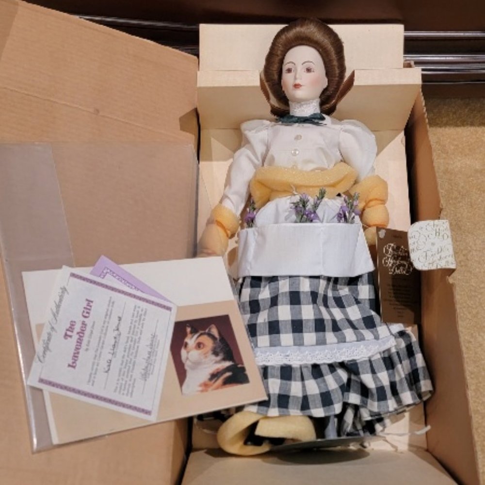 Vintage Franklin Mint Heirloom Doll “The Lavender Girl” Bisque Porcelain 15”